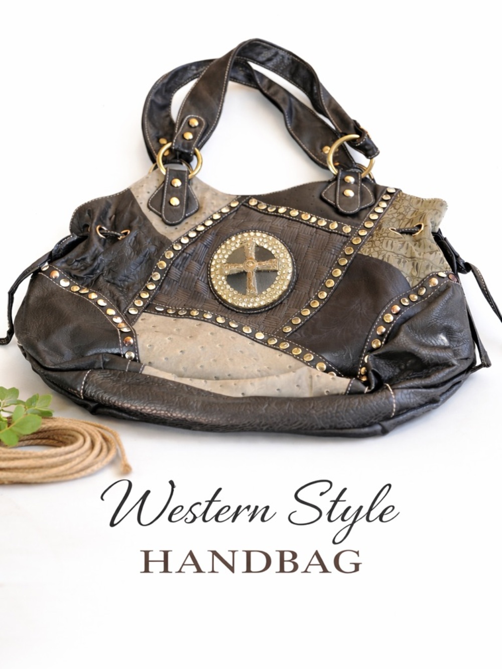 Silverake Studded Western Shoulder Bag Black Gray Medallion Y2K Rocker Festival